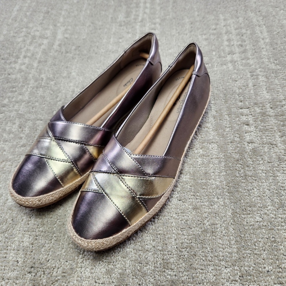 Clarks Collection Danelly Shine Pewter Metallic Espadrille Loafers Flats 10M